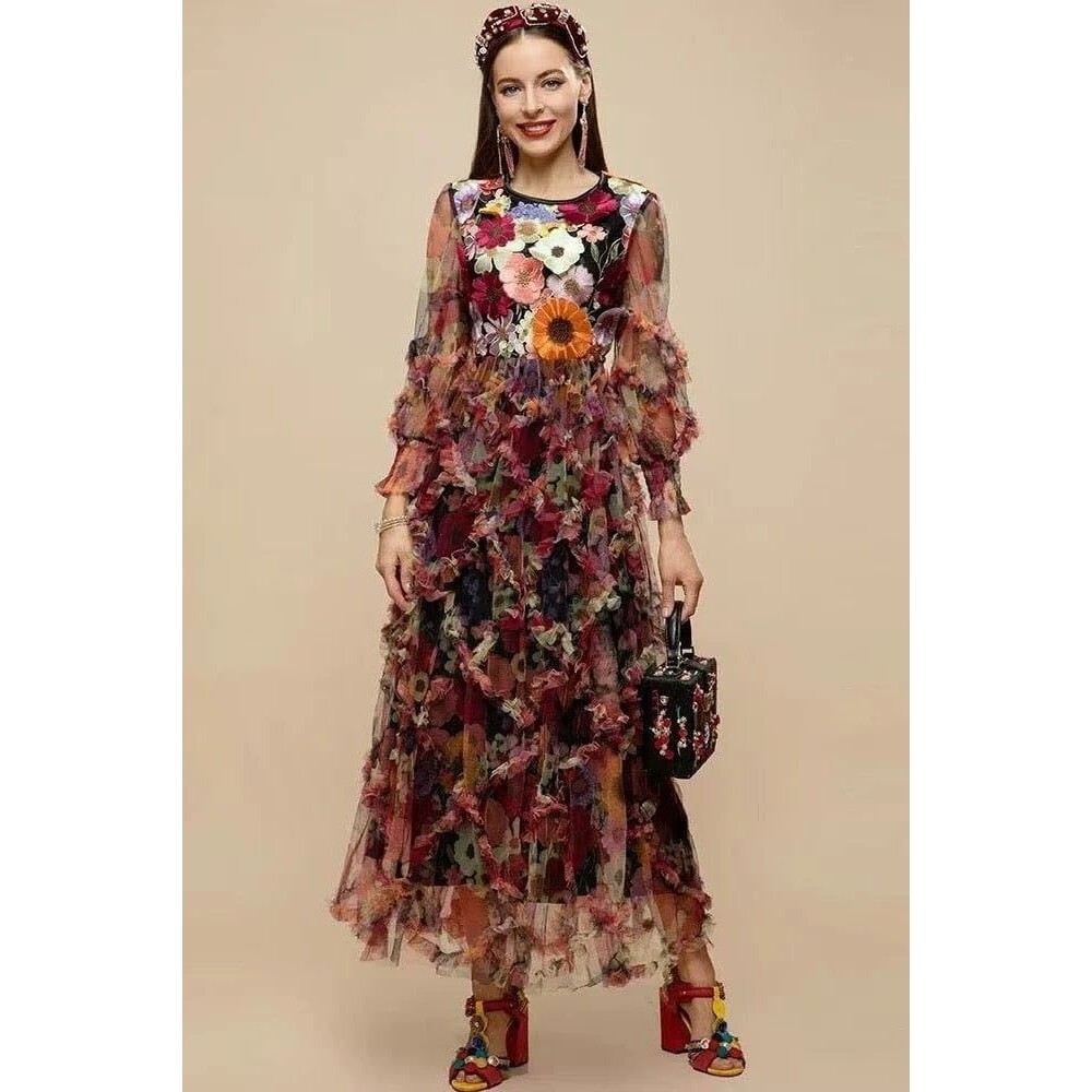 SooLinen Boutique Youyi & Iu Embroidered Textured 3D Floral Mesh Midi Dress XS